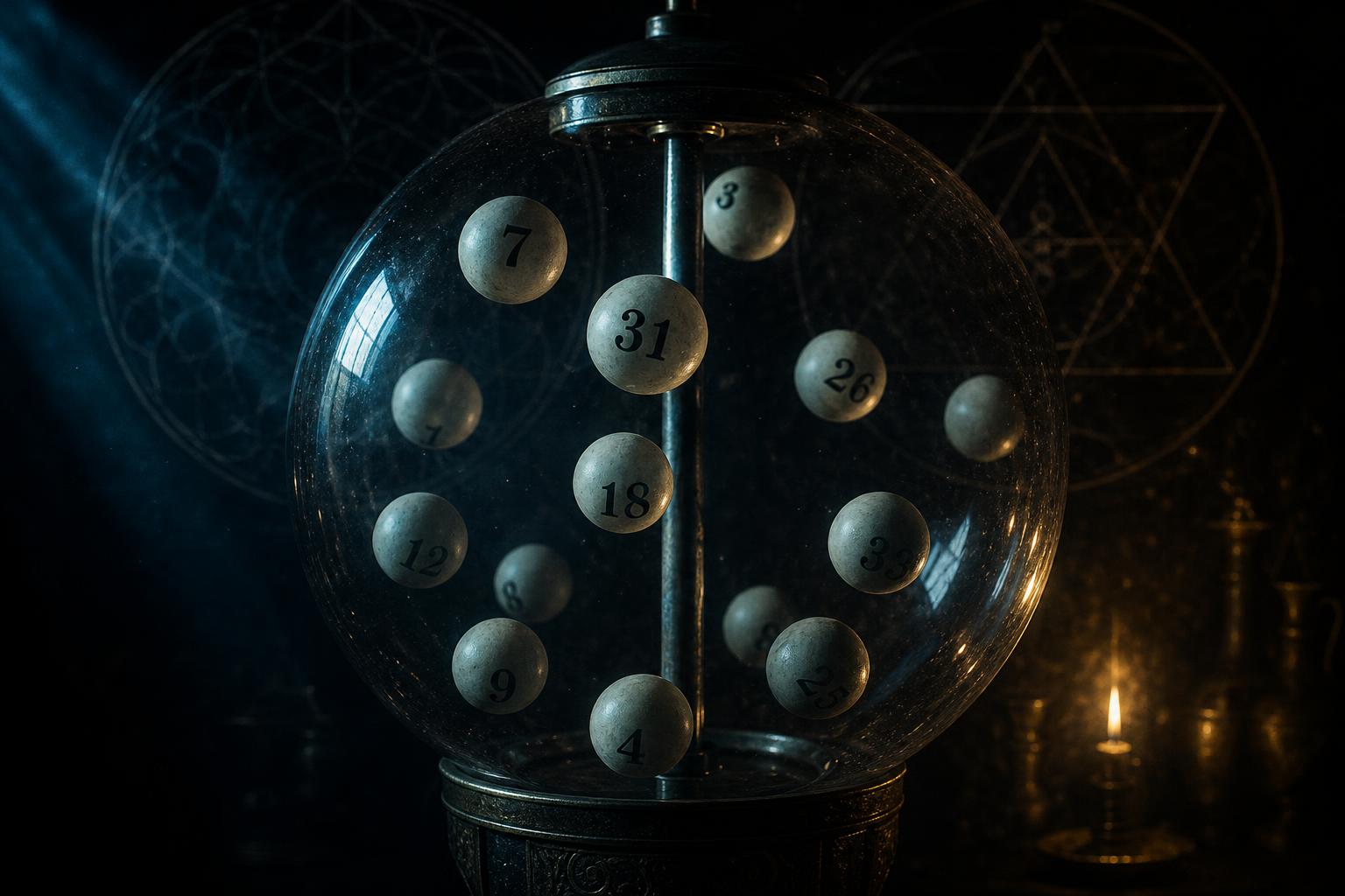 A vintage lottery draw machine, sacred geometry behind the glass, candlelight at the edge