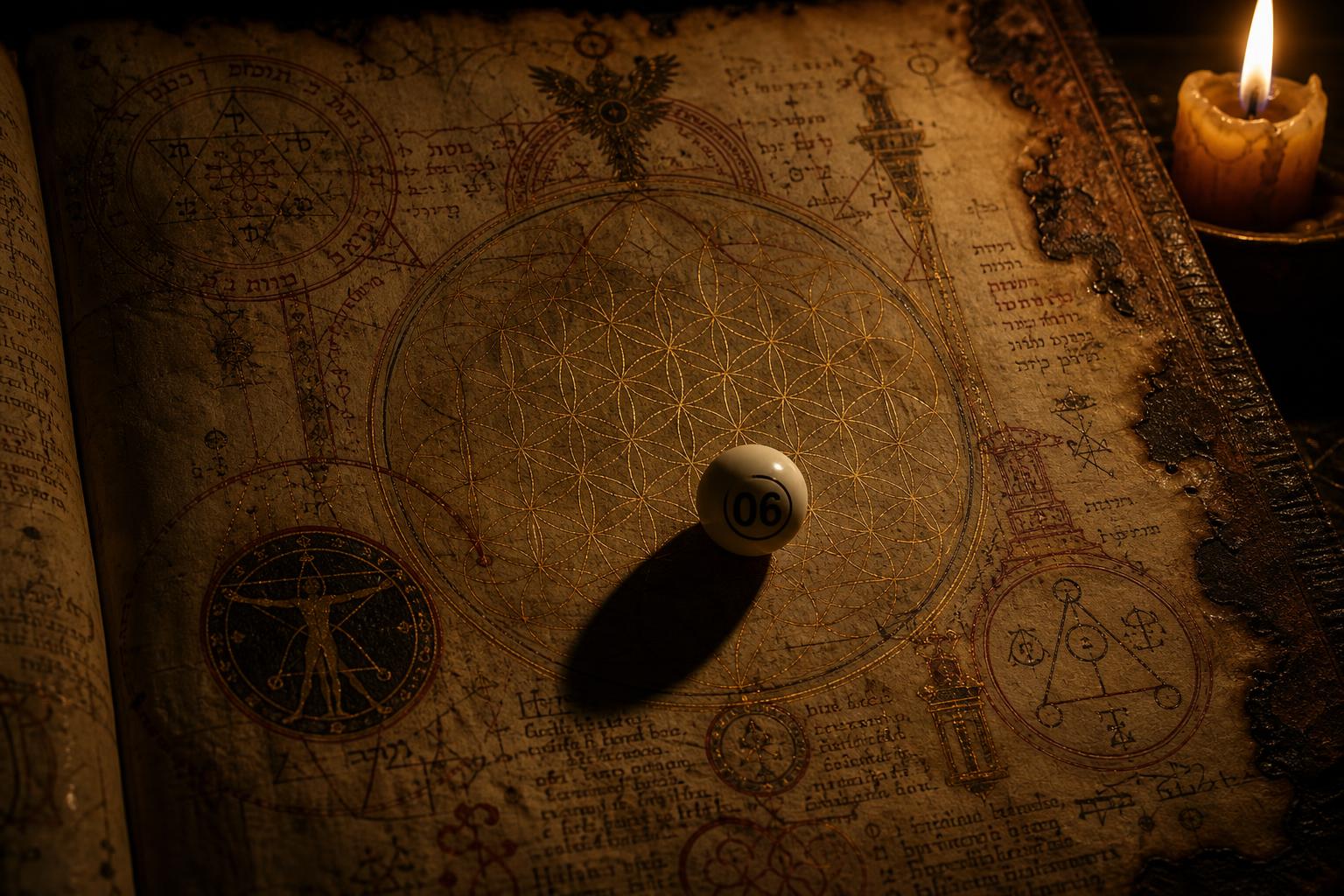 An ancient illuminated manuscript page, sacred geometry, candlelight, a single lottery ball with number 06